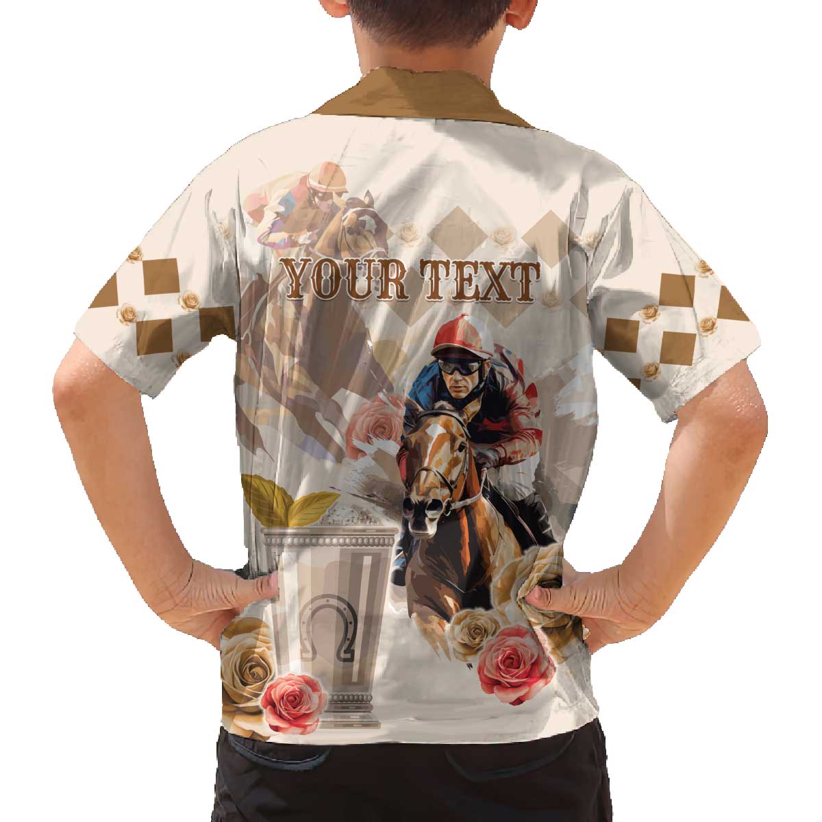 Personalized Kentucky 151st Anniversary Horse Racing Family Matching Off The Shoulder Long Sleeve Dress and Hawaiian Shirt Mint Julep Beige Version LT05