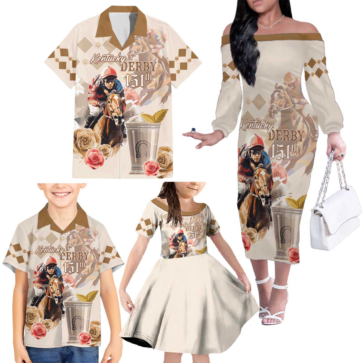 Personalized Kentucky 151st Anniversary Horse Racing Family Matching Off The Shoulder Long Sleeve Dress and Hawaiian Shirt Mint Julep Beige Version LT05
