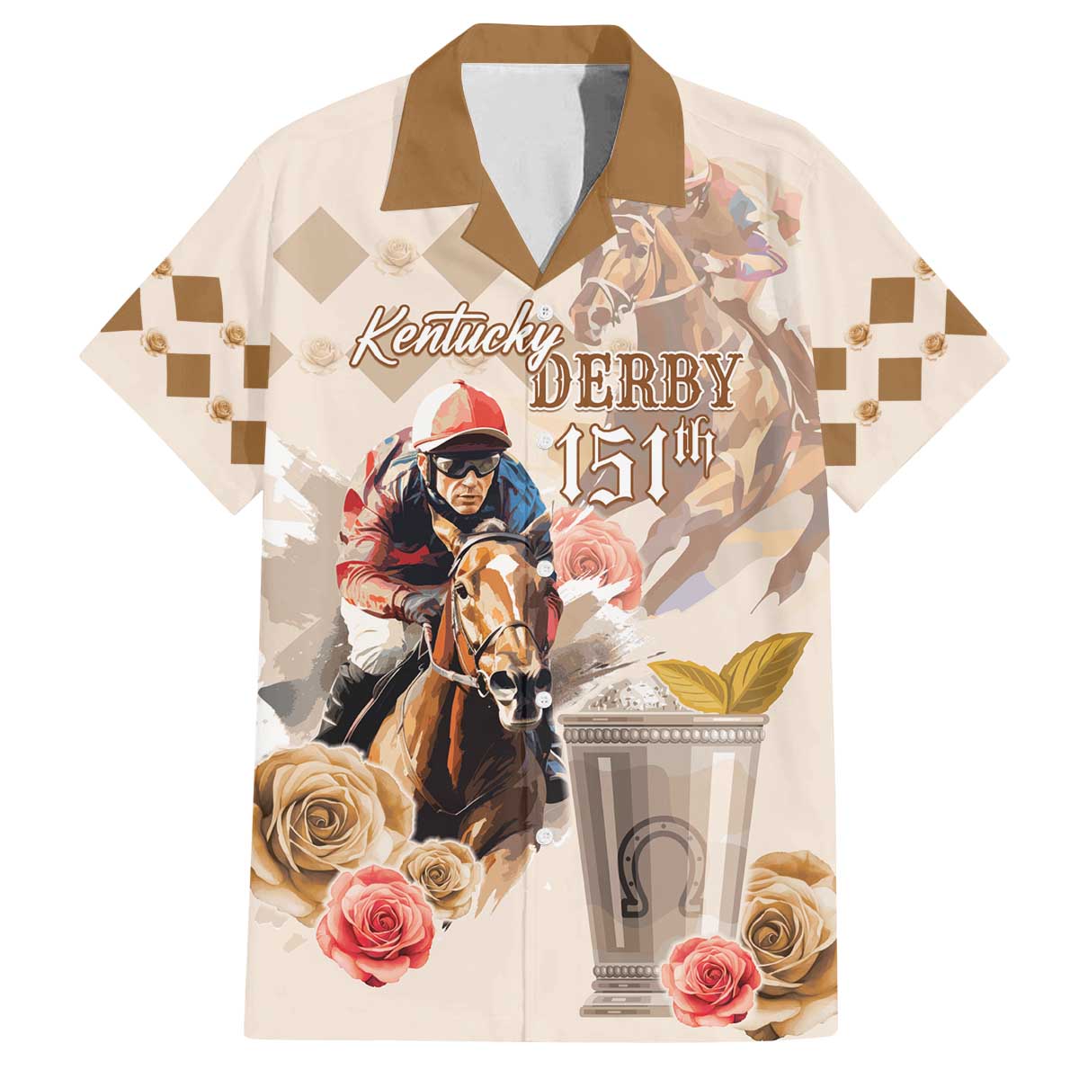Personalized Kentucky 151st Anniversary Horse Racing Family Matching Off The Shoulder Long Sleeve Dress and Hawaiian Shirt Mint Julep Beige Version LT05