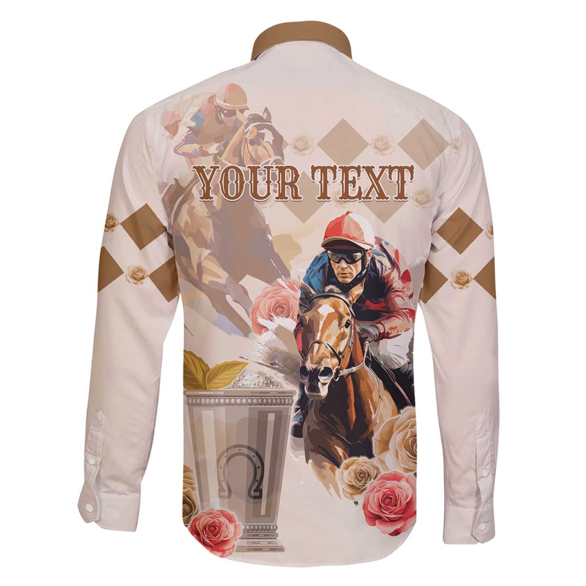 Personalized Kentucky 151st Anniversary Horse Racing Family Matching Off The Shoulder Long Sleeve Dress and Hawaiian Shirt Mint Julep Beige Version LT05