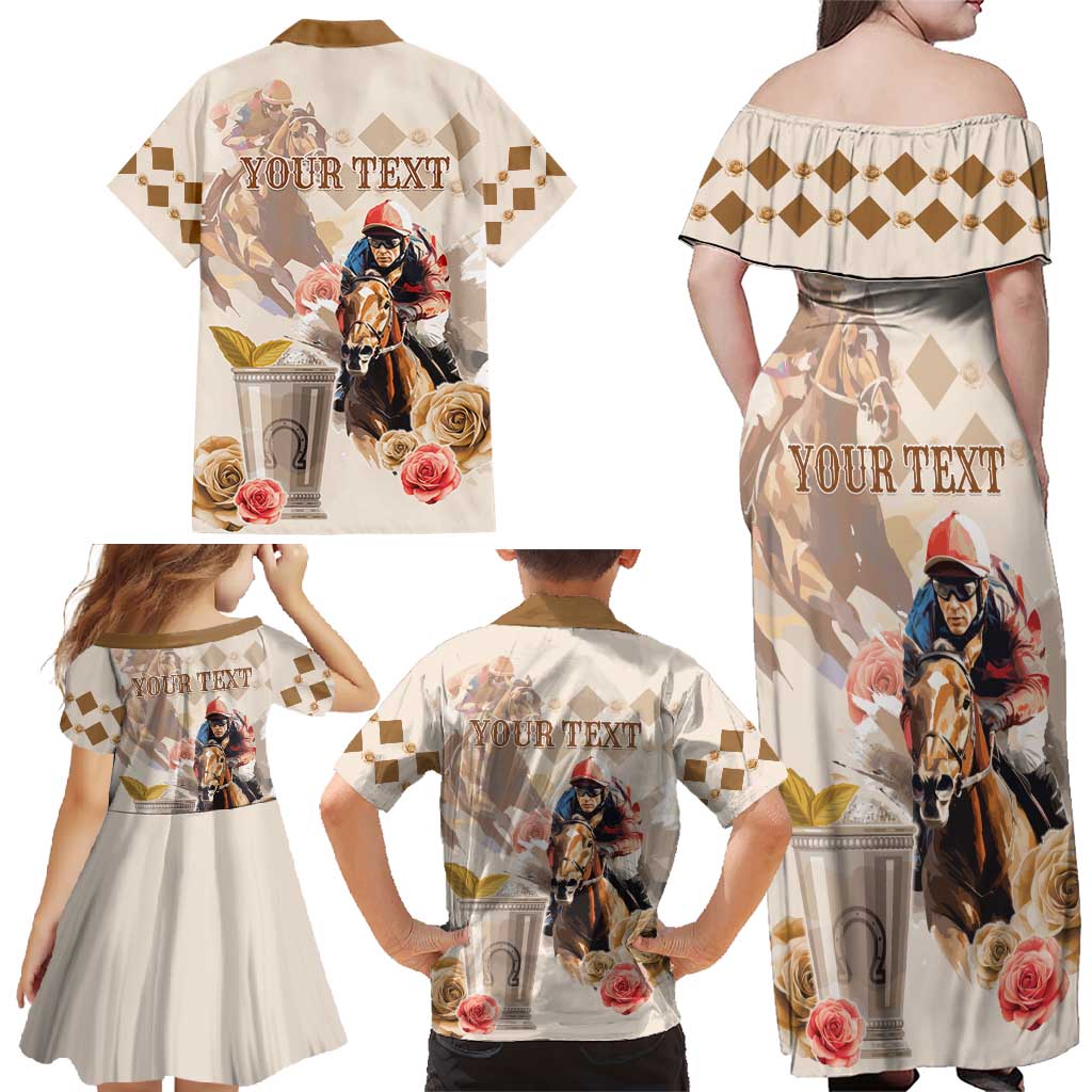 Personalized Kentucky 151st Anniversary Horse Racing Family Matching Off Shoulder Maxi Dress and Hawaiian Shirt Mint Julep Beige Version LT05