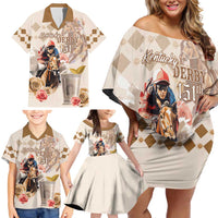 Personalized Kentucky 151st Anniversary Horse Racing Family Matching Off Shoulder Short Dress and Hawaiian Shirt Mint Julep Beige Version LT05
