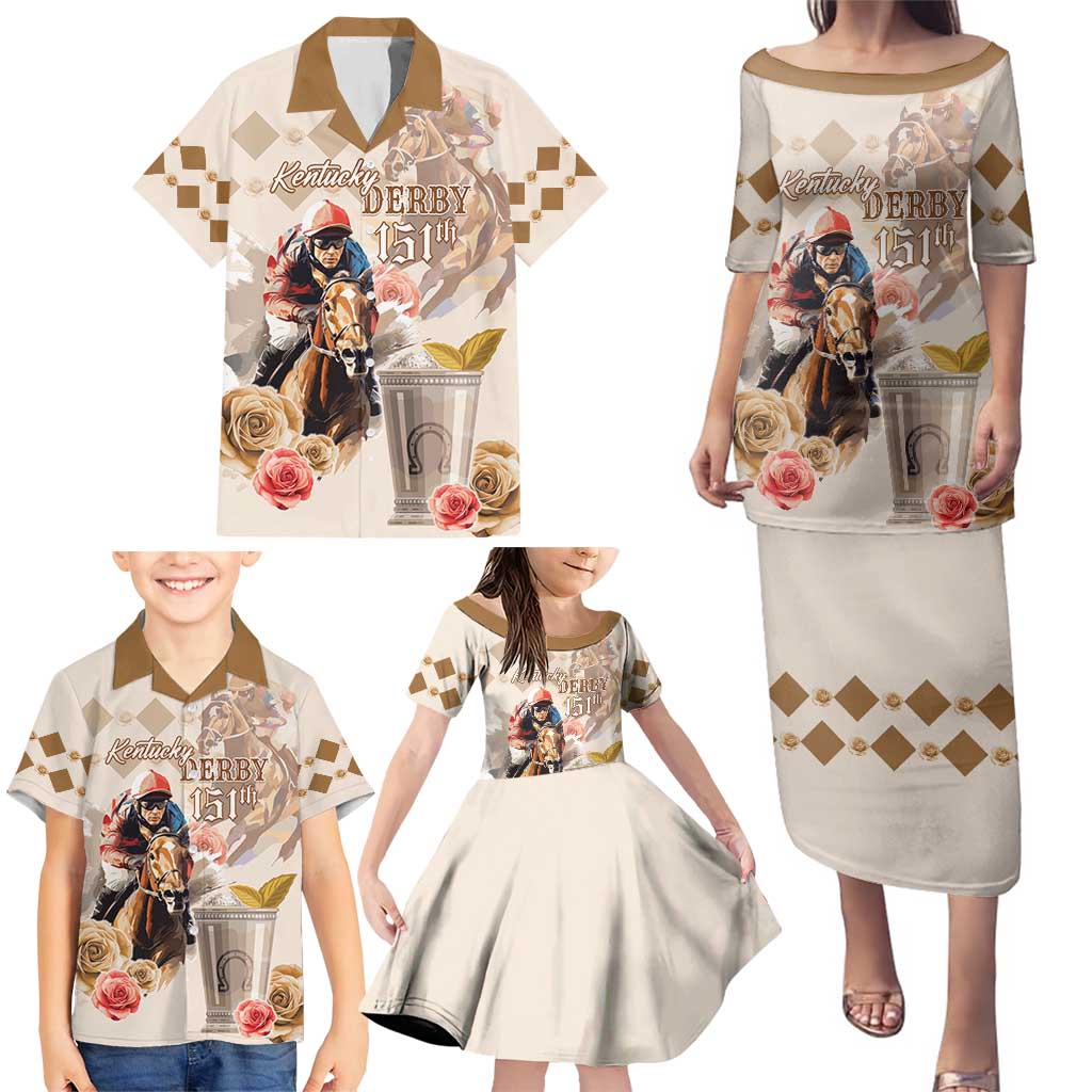 Personalized Kentucky 151st Anniversary Horse Racing Family Matching Puletasi and Hawaiian Shirt Mint Julep Beige Version LT05