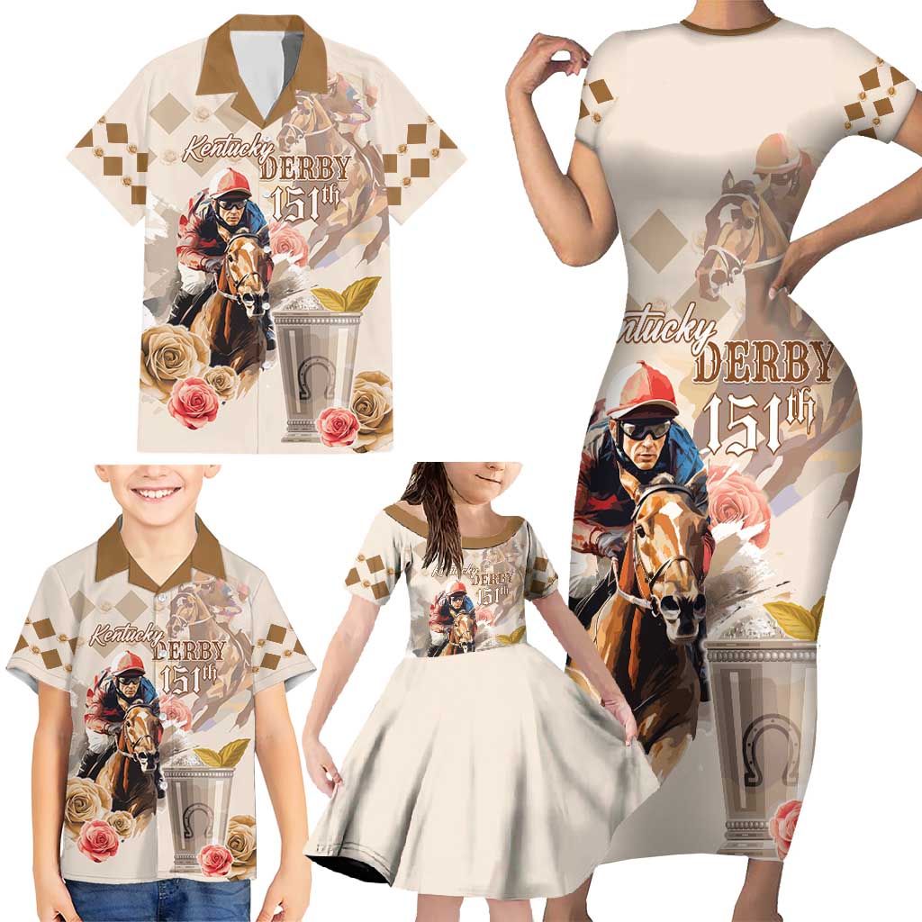 Personalized Kentucky 151st Anniversary Horse Racing Family Matching Short Sleeve Bodycon Dress and Hawaiian Shirt Mint Julep Beige Version LT05