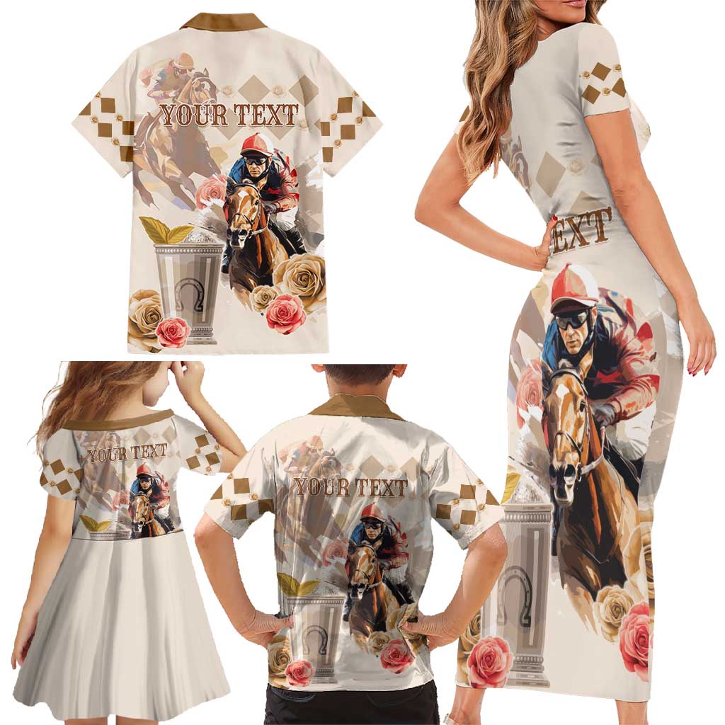 Personalized Kentucky 151st Anniversary Horse Racing Family Matching Short Sleeve Bodycon Dress and Hawaiian Shirt Mint Julep Beige Version LT05
