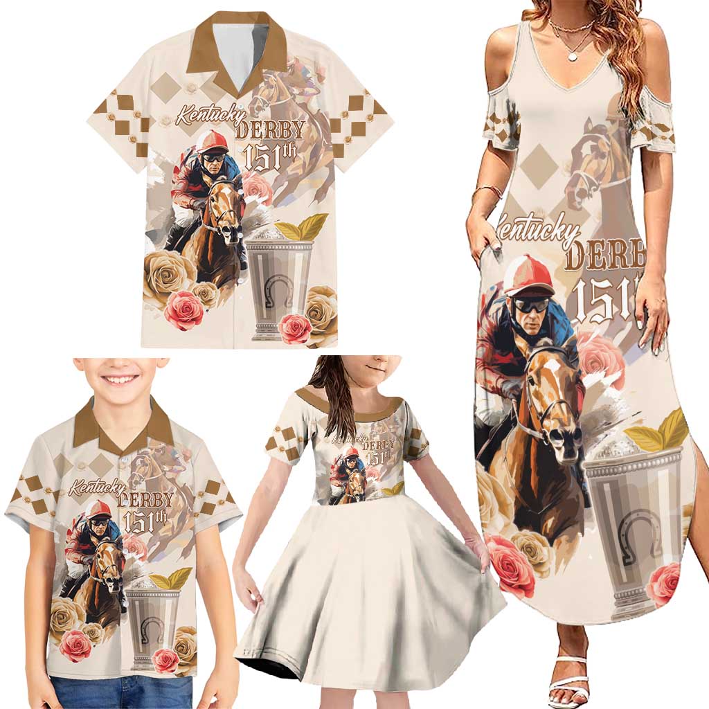Personalized Kentucky 151st Anniversary Horse Racing Family Matching Summer Maxi Dress and Hawaiian Shirt Mint Julep Beige Version LT05