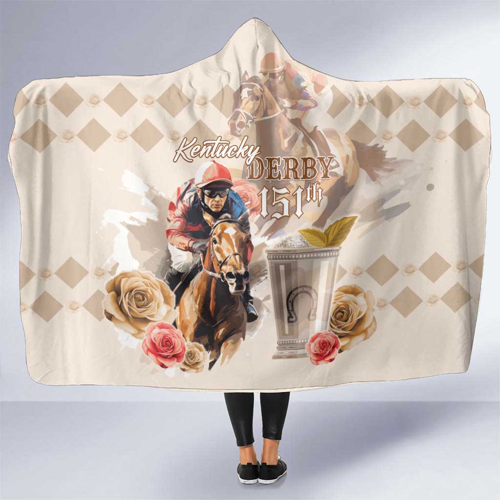 Personalized Kentucky 150th Anniversary Horse Racing Hooded Blanket Mint Julep Beige Version