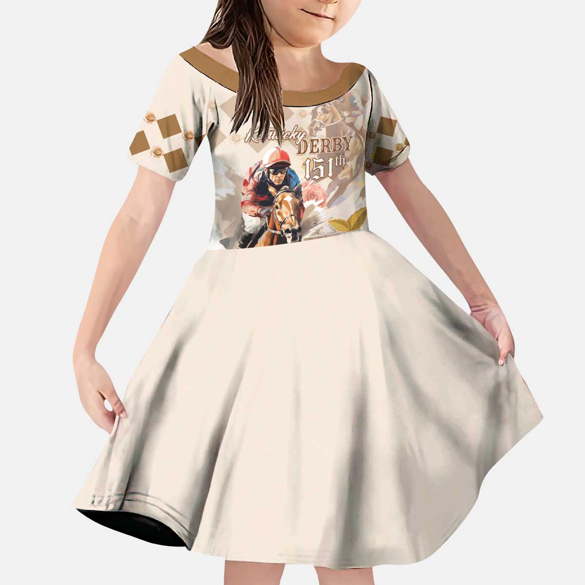 Personalized Kentucky 151st Anniversary Horse Racing Kid Short Sleeve Dress Mint Julep Beige Version LT05