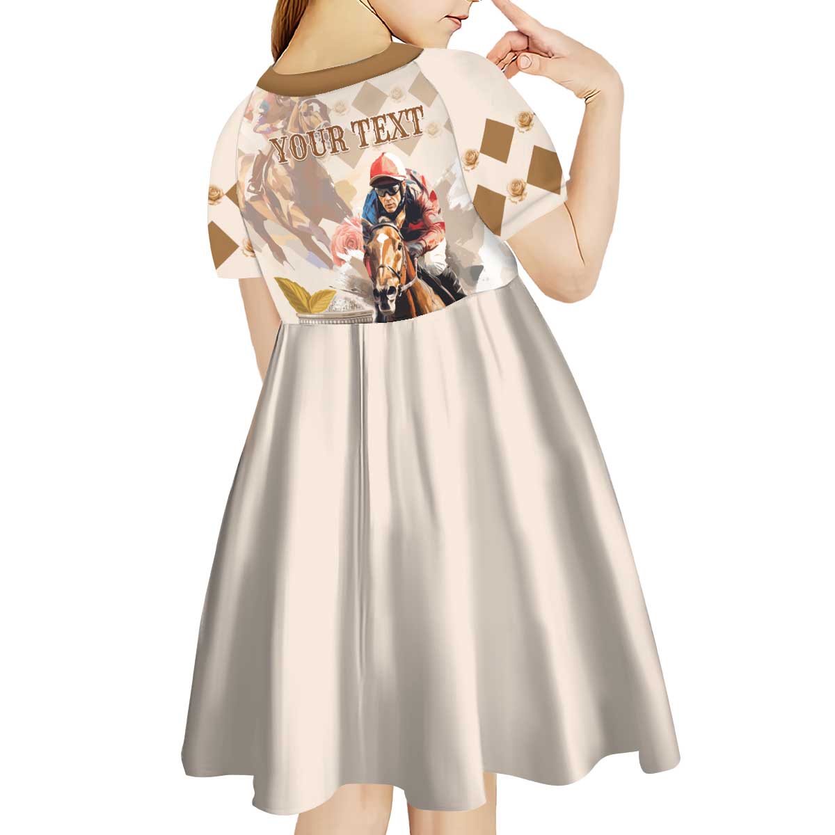 Personalized Kentucky 151st Anniversary Horse Racing Kid Short Sleeve Dress Mint Julep Beige Version LT05
