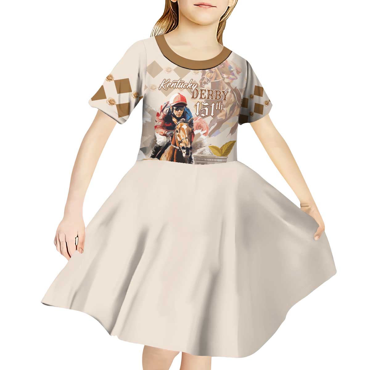 Personalized Kentucky 151st Anniversary Horse Racing Kid Short Sleeve Dress Mint Julep Beige Version LT05