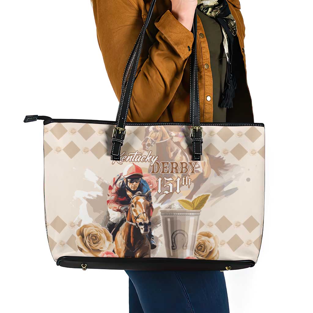 Kentucky 151st Anniversary Horse Racing Leather Tote Bag Mint Julep Beige Version LT05