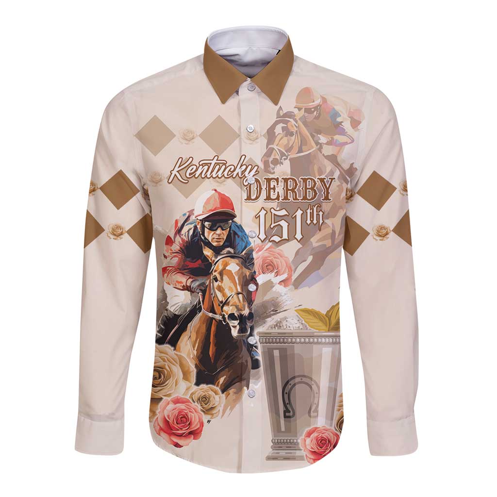 Personalized Kentucky 151st Anniversary Horse Racing Long Sleeve Button Shirt Mint Julep Beige Version LT05