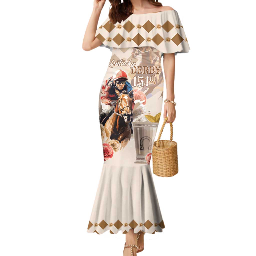 Personalized Kentucky 151st Anniversary Horse Racing Mermaid Dress Mint Julep Beige Version LT05