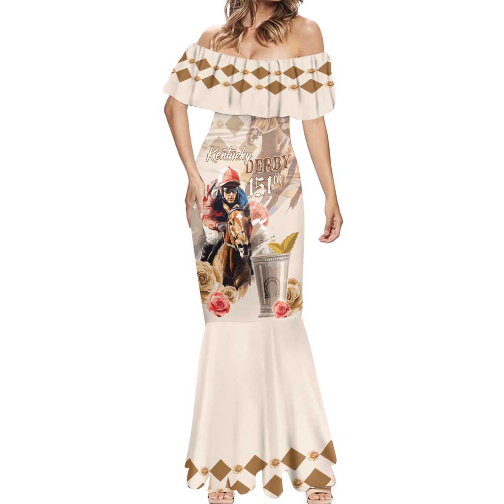 Personalized Kentucky 151st Anniversary Horse Racing Mermaid Dress Mint Julep Beige Version LT05