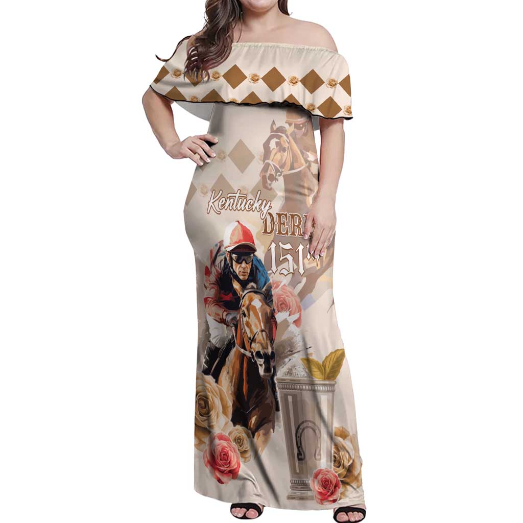 Personalized Kentucky 151st Anniversary Horse Racing Off Shoulder Maxi Dress Mint Julep Beige Version LT05
