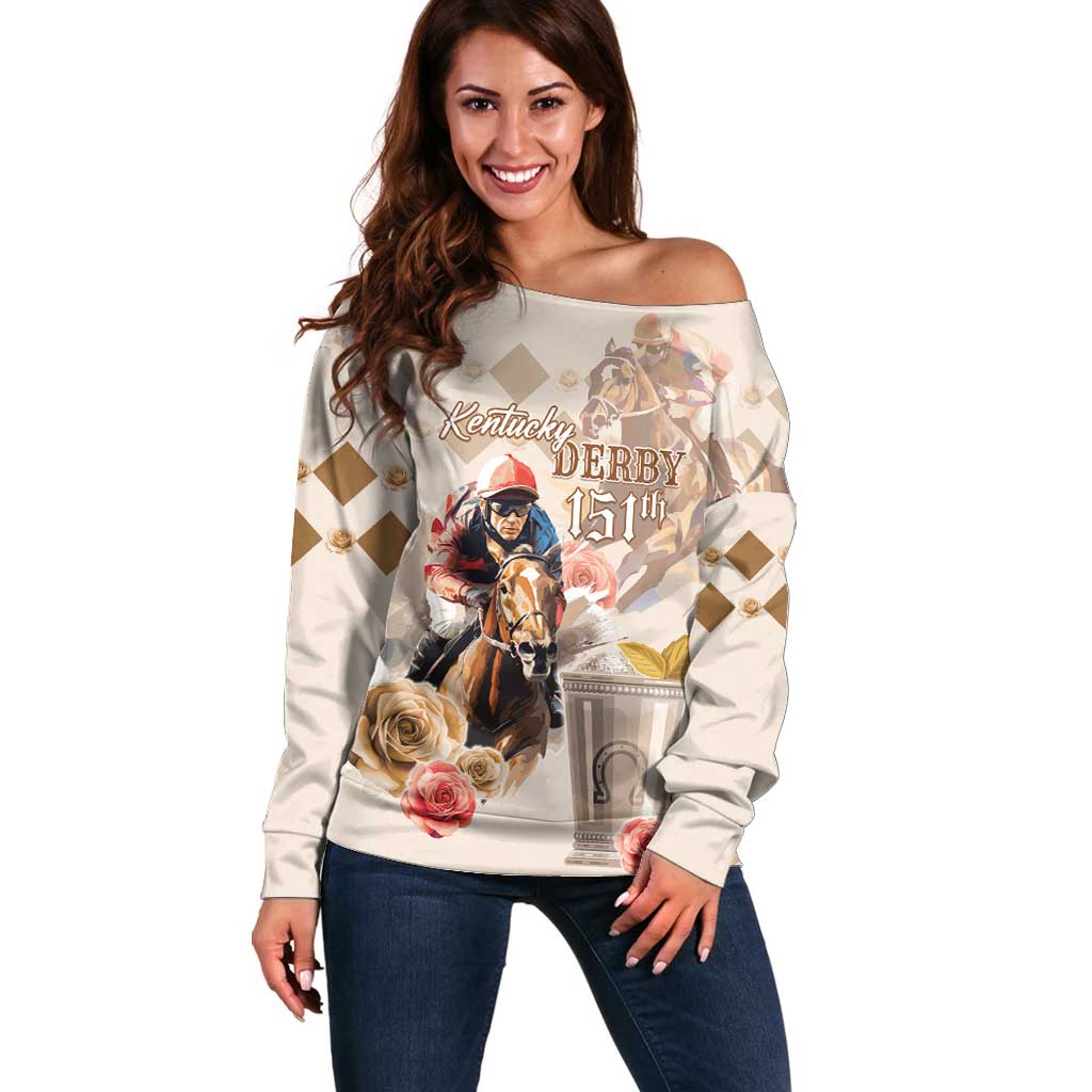 Personalized Kentucky 151st Anniversary Horse Racing Off Shoulder Sweater Mint Julep Beige Version LT05