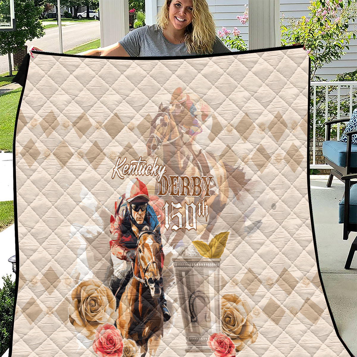 Personalized Kentucky 150th Anniversary Horse Racing Quilt Mint Julep Beige Version