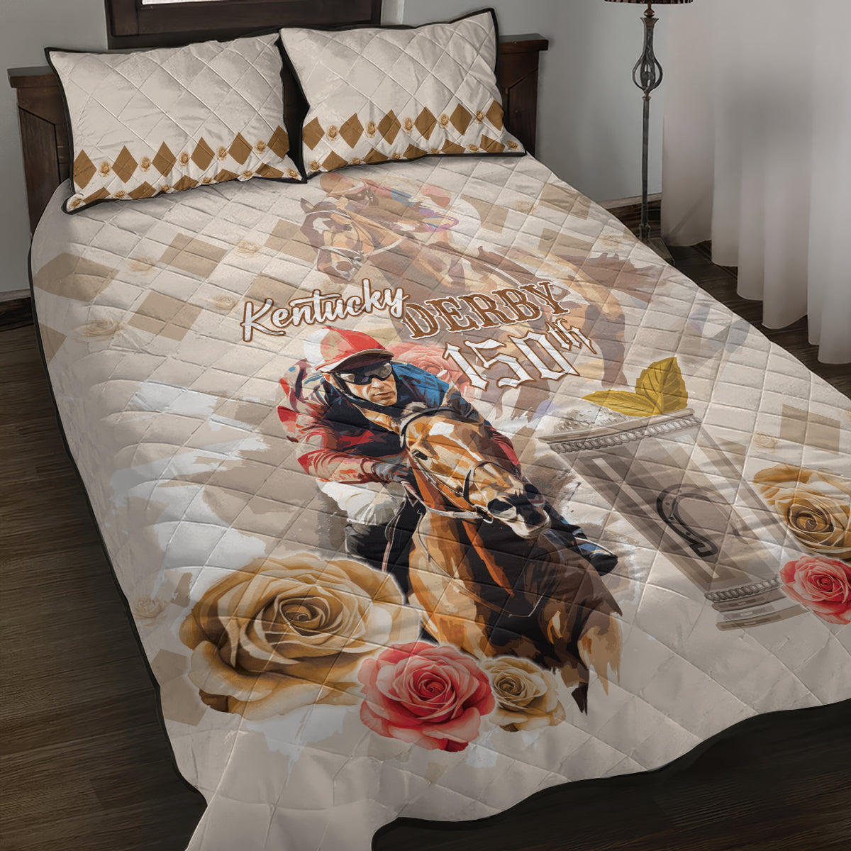 Personalized Kentucky 150th Anniversary Horse Racing Quilt Bed Set Mint Julep Beige Version
