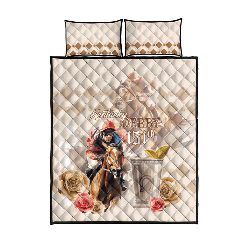 Kentucky 151st Anniversary Horse Racing Quilt Bed Set Mint Julep Beige Version LT05