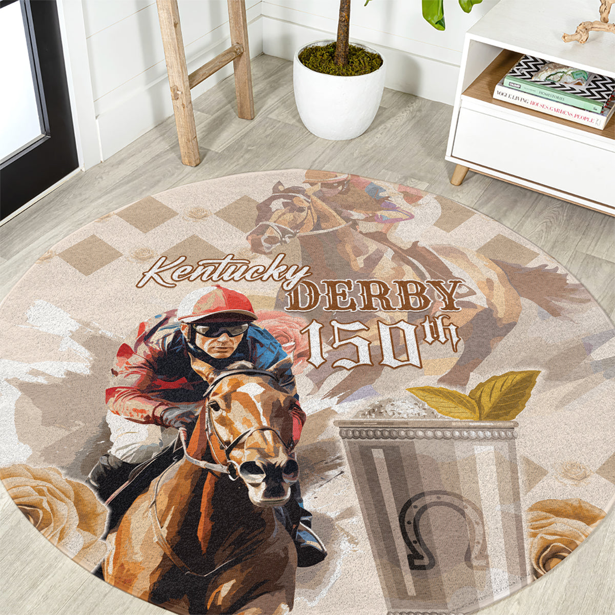 Personalized Kentucky 150th Anniversary Horse Racing Round Carpet Mint Julep Beige Version