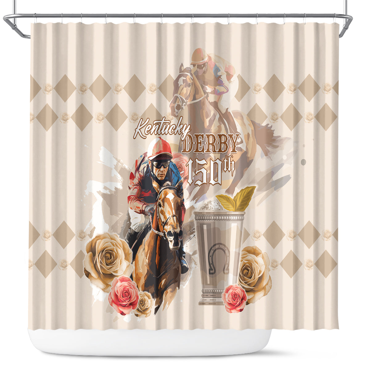 Personalized Kentucky 150th Anniversary Horse Racing Shower Curtain Mint Julep Beige Version