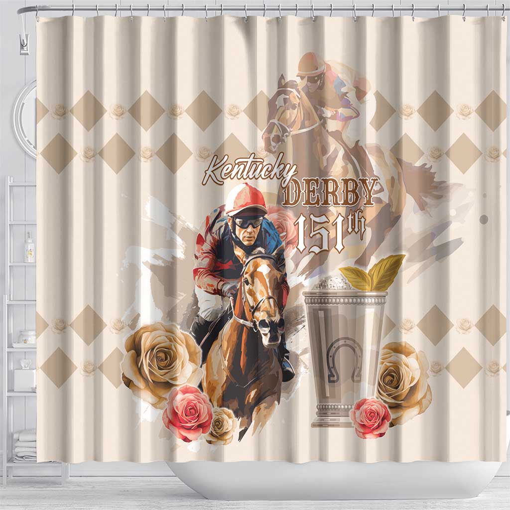 Kentucky 151st Anniversary Horse Racing Shower Curtain Mint Julep Beige Version LT05