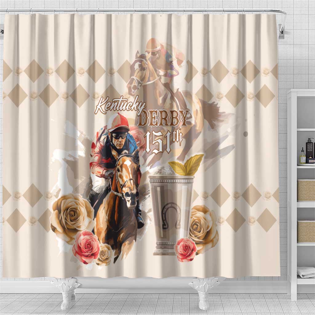 Kentucky 151st Anniversary Horse Racing Shower Curtain Mint Julep Beige Version LT05