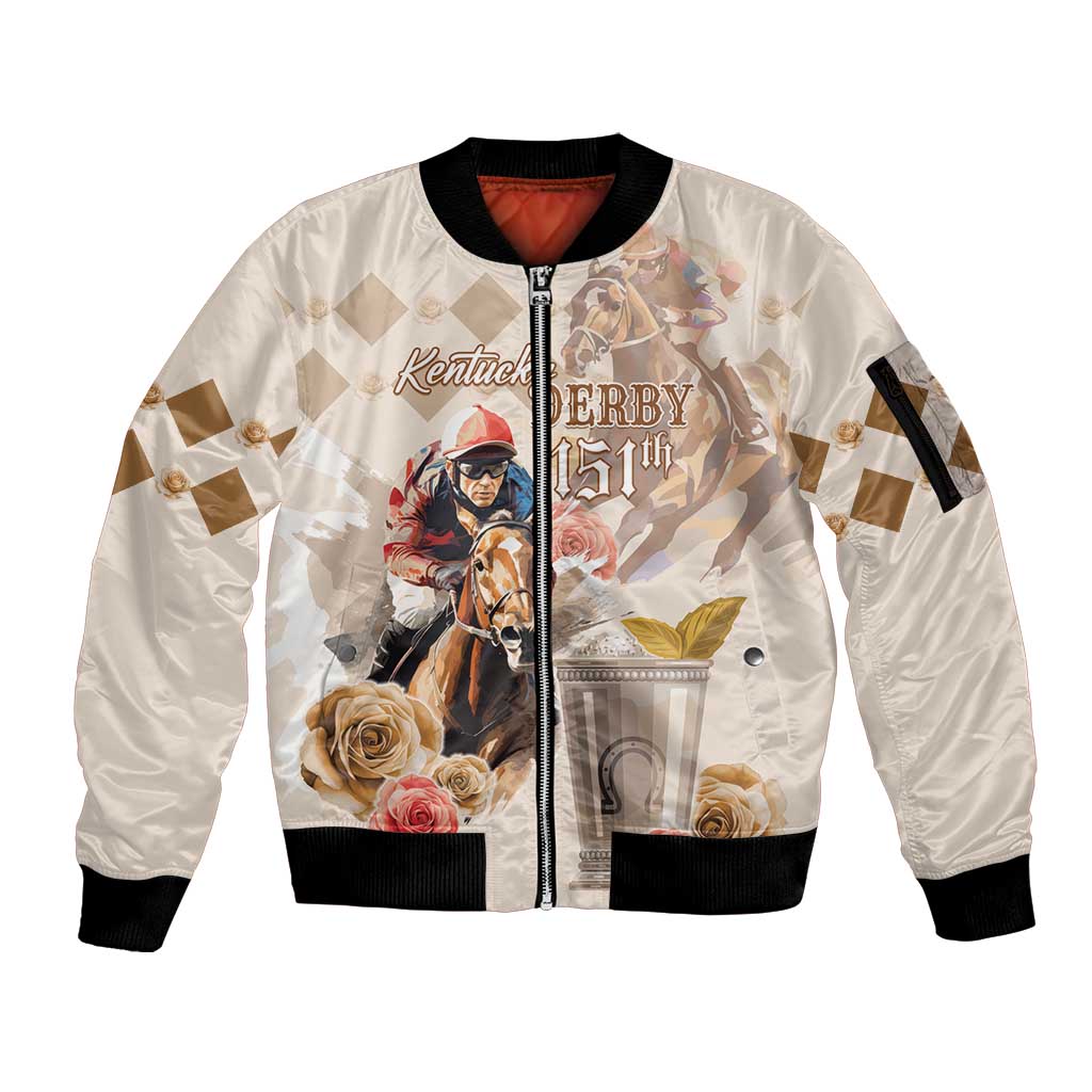 Personalized Kentucky 151st Anniversary Horse Racing Sleeve Zip Bomber Jacket Mint Julep Beige Version LT05
