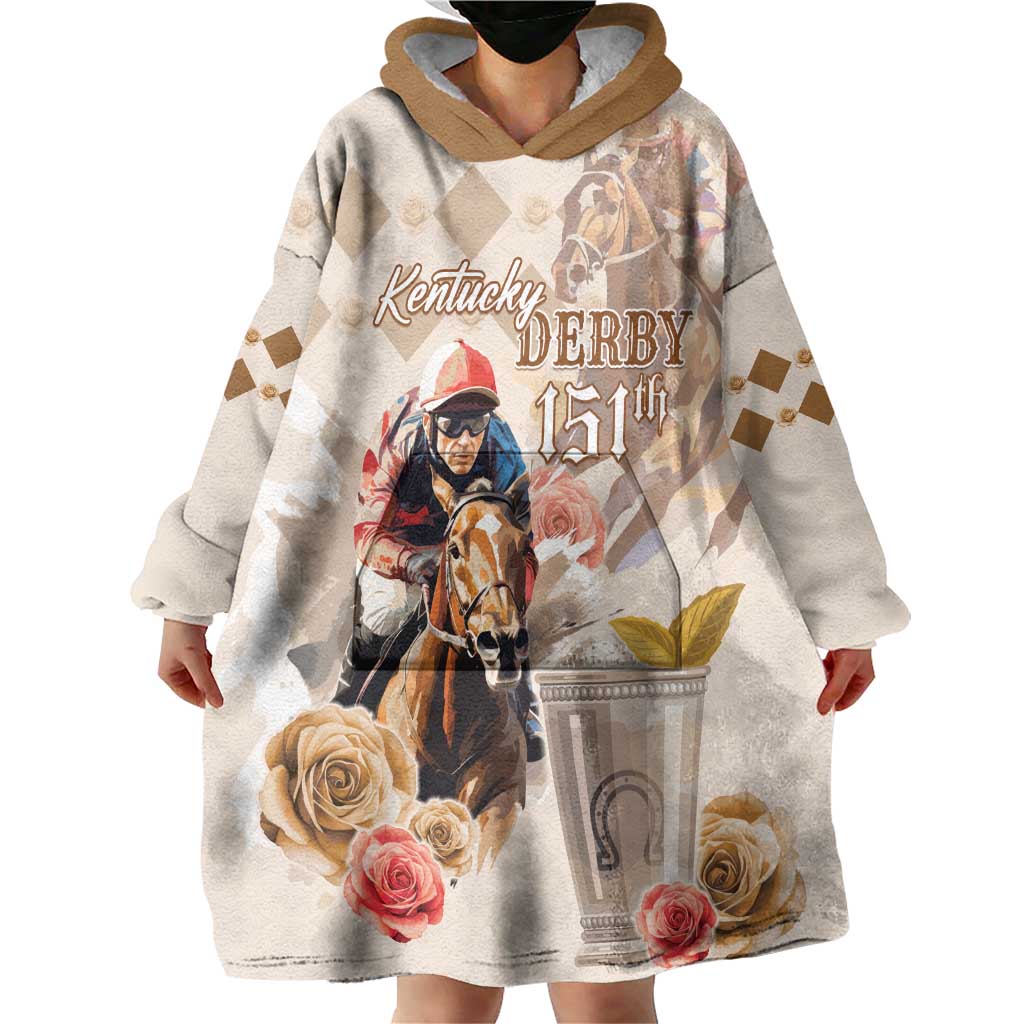 Personalized Kentucky 151st Anniversary Horse Racing Wearable Blanket Hoodie Mint Julep Beige Version LT05