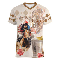 Personalized Kentucky 151st Anniversary Horse Racing Women V-Neck T-Shirt Mint Julep Beige Version LT05