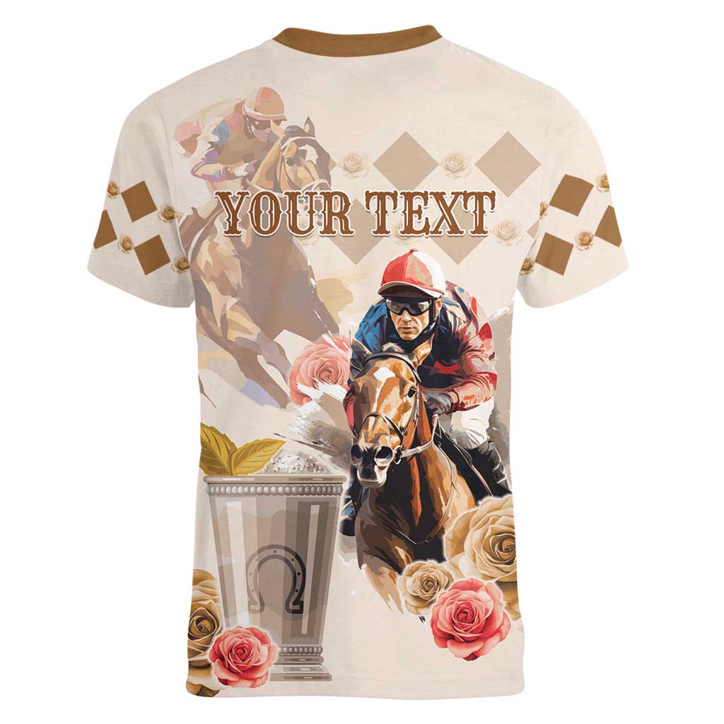 Personalized Kentucky 151st Anniversary Horse Racing Women V-Neck T-Shirt Mint Julep Beige Version LT05