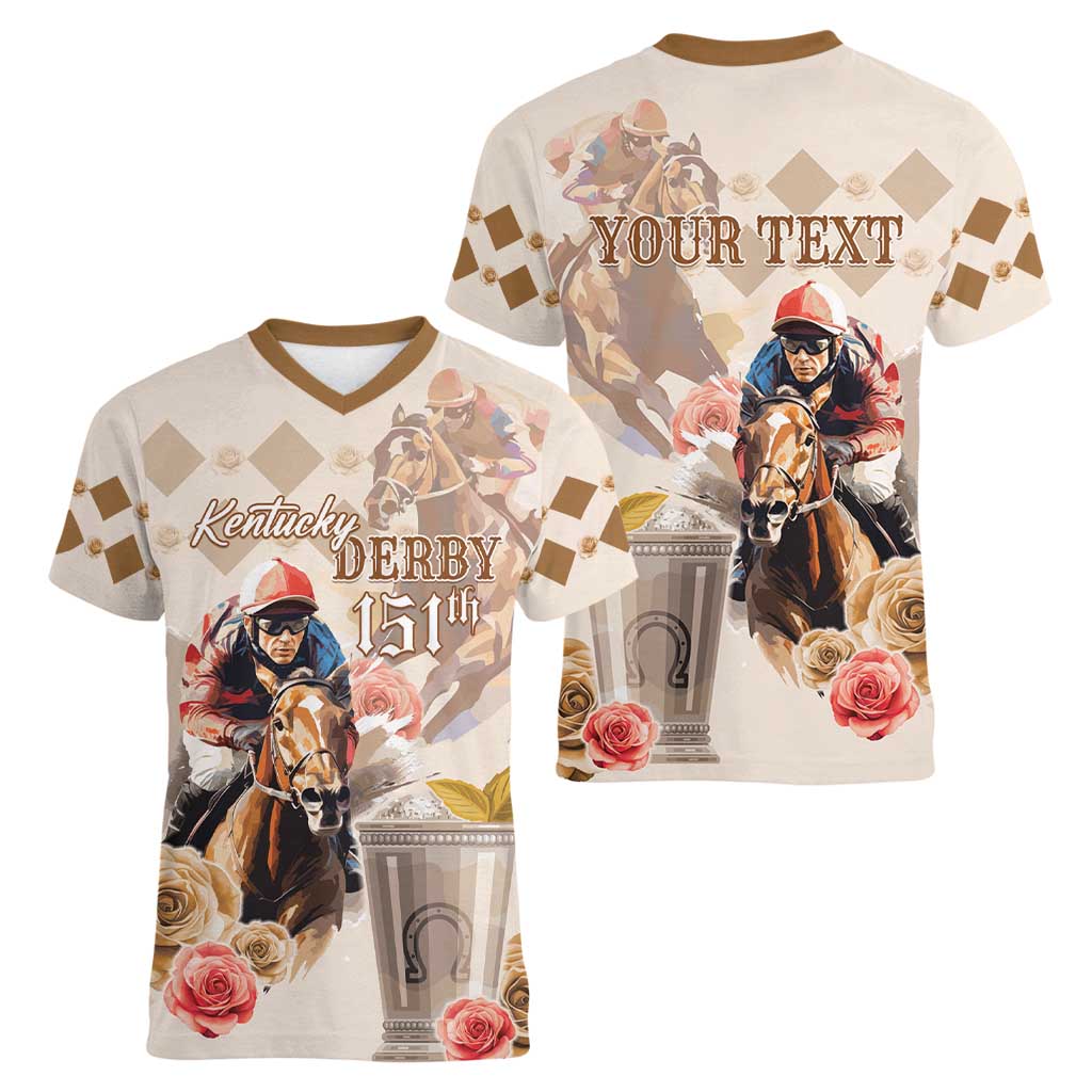 Personalized Kentucky 151st Anniversary Horse Racing Women V-Neck T-Shirt Mint Julep Beige Version LT05