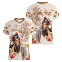 Personalized Kentucky 151st Anniversary Horse Racing Women V-Neck T-Shirt Mint Julep Beige Version LT05