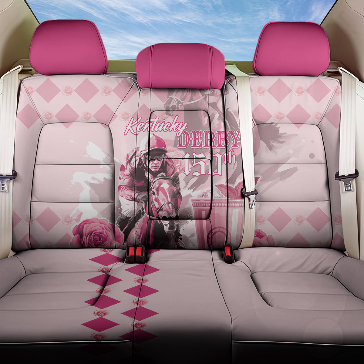 Personalized Kentucky Horse Racing Back Car Seat Cover 150th Anniversary Mint Julep Pink Version
