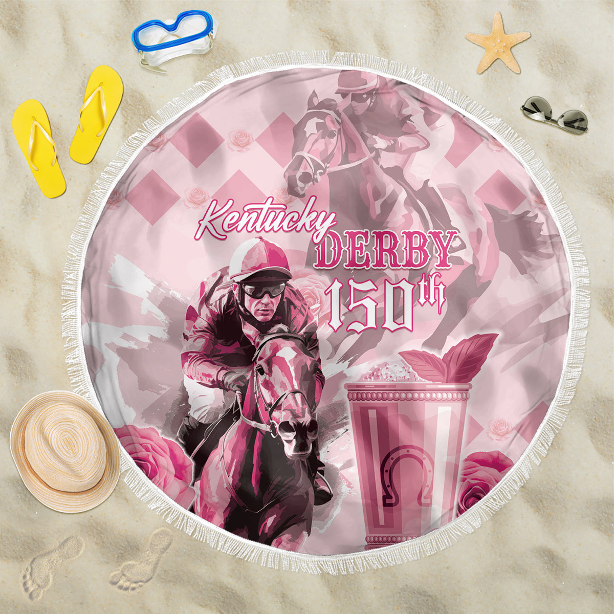 Personalized Kentucky Horse Racing Beach Blanket 150th Anniversary Mint Julep Pink Version