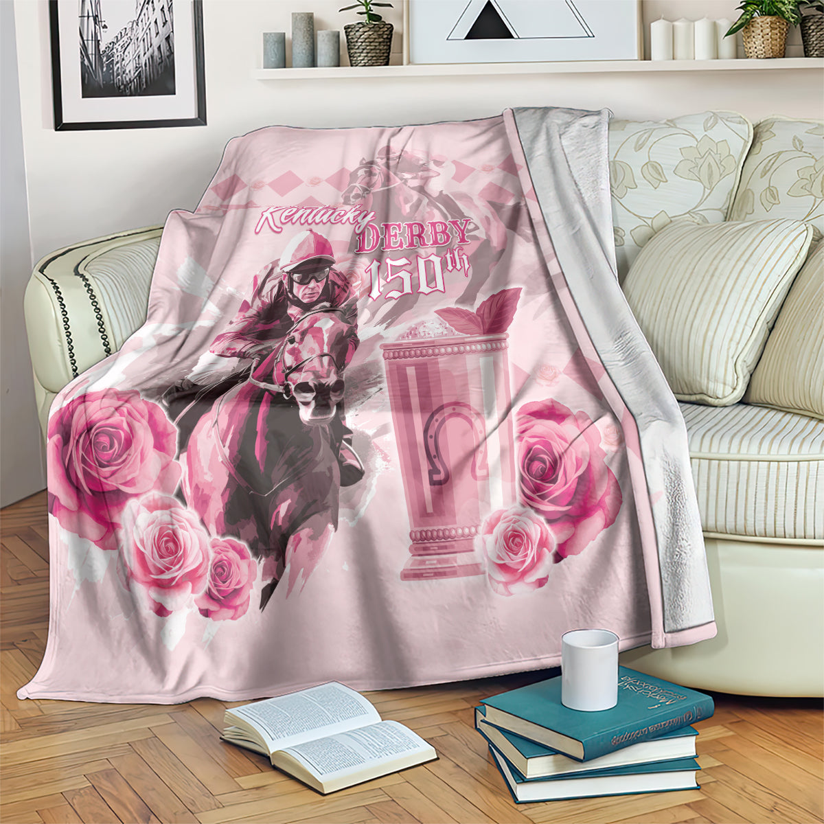 Personalized Kentucky Horse Racing Blanket 150th Anniversary Mint Julep Pink Version