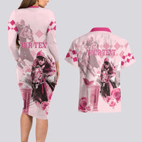 Personalized Kentucky Horse Racing Couples Matching Long Sleeve Bodycon Dress and Hawaiian Shirt 151st Anniversary Mint Julep Pink Version LT05