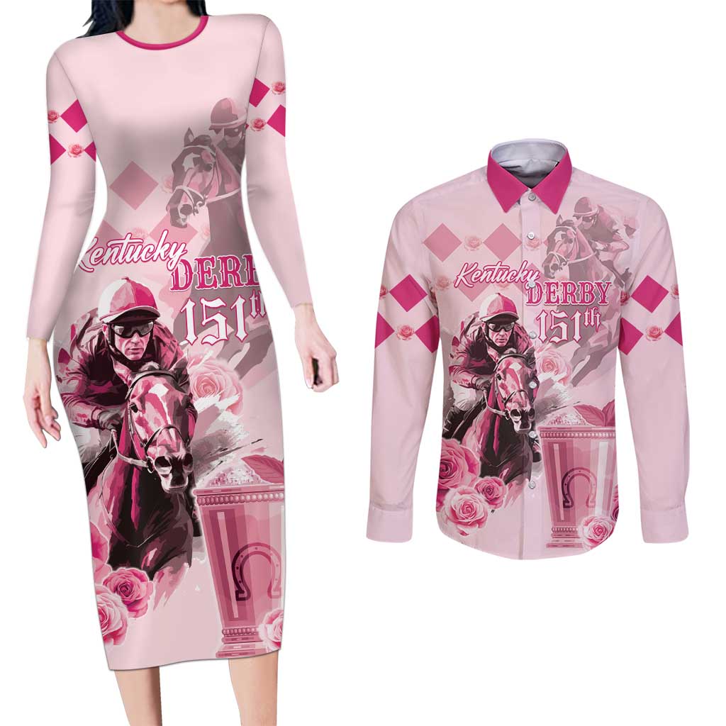 Personalized Kentucky Horse Racing Couples Matching Long Sleeve Bodycon Dress and Long Sleeve Button Shirt 151st Anniversary Mint Julep Pink Version LT05