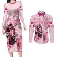 Personalized Kentucky Horse Racing Couples Matching Long Sleeve Bodycon Dress and Long Sleeve Button Shirt 151st Anniversary Mint Julep Pink Version LT05