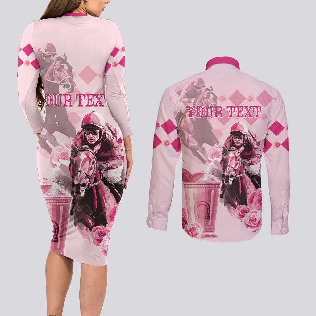 Personalized Kentucky Horse Racing Couples Matching Long Sleeve Bodycon Dress and Long Sleeve Button Shirt 151st Anniversary Mint Julep Pink Version LT05