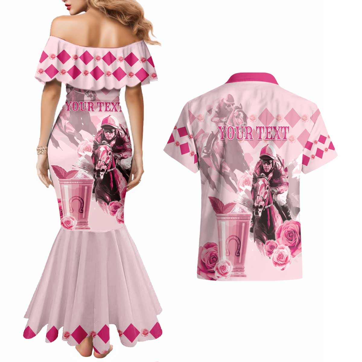 Personalized Kentucky Horse Racing Couples Matching Mermaid Dress and Hawaiian Shirt 151st Anniversary Mint Julep Pink Version LT05