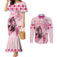 Personalized Kentucky Horse Racing Couples Matching Mermaid Dress and Long Sleeve Button Shirt 151st Anniversary Mint Julep Pink Version LT05