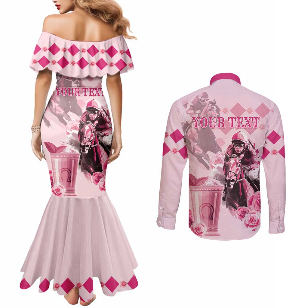 Personalized Kentucky Horse Racing Couples Matching Mermaid Dress and Long Sleeve Button Shirt 151st Anniversary Mint Julep Pink Version LT05