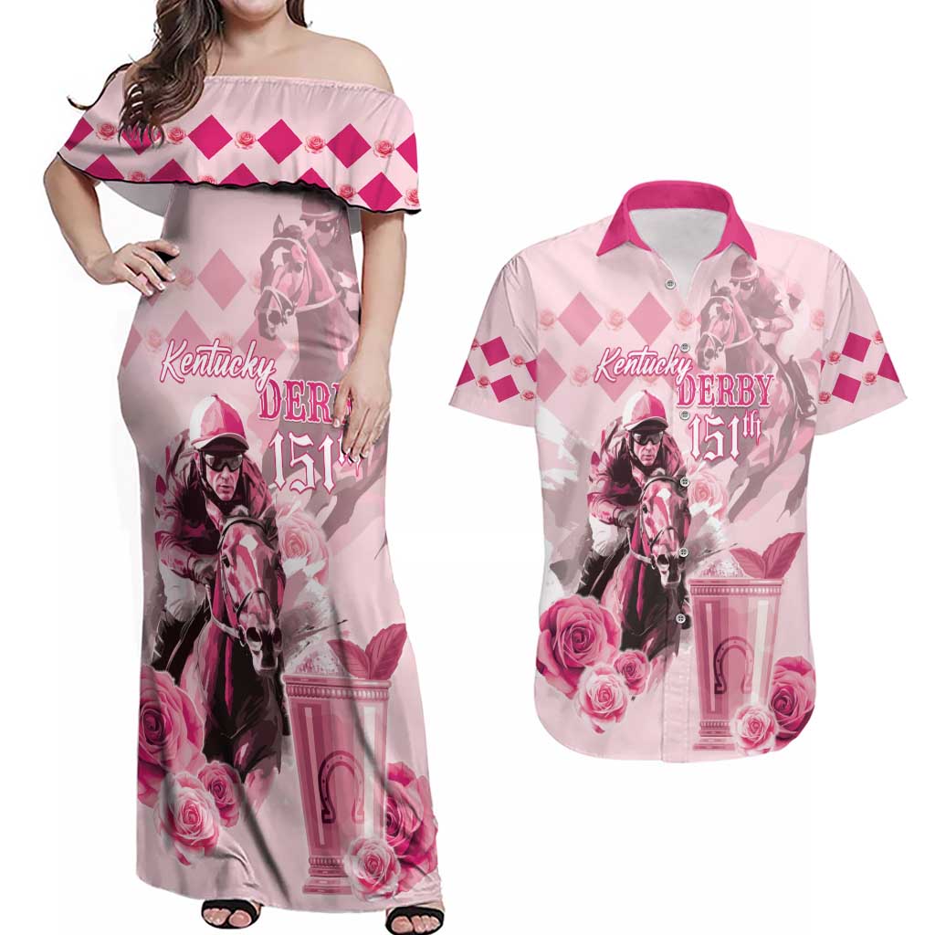 Personalized Kentucky Horse Racing Couples Matching Off Shoulder Maxi Dress and Hawaiian Shirt 151st Anniversary Mint Julep Pink Version LT05