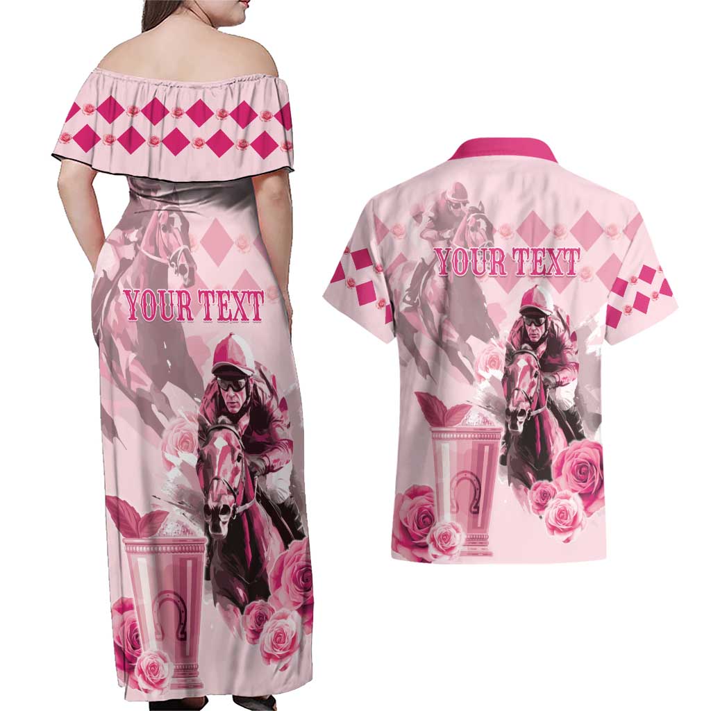 Personalized Kentucky Horse Racing Couples Matching Off Shoulder Maxi Dress and Hawaiian Shirt 151st Anniversary Mint Julep Pink Version LT05