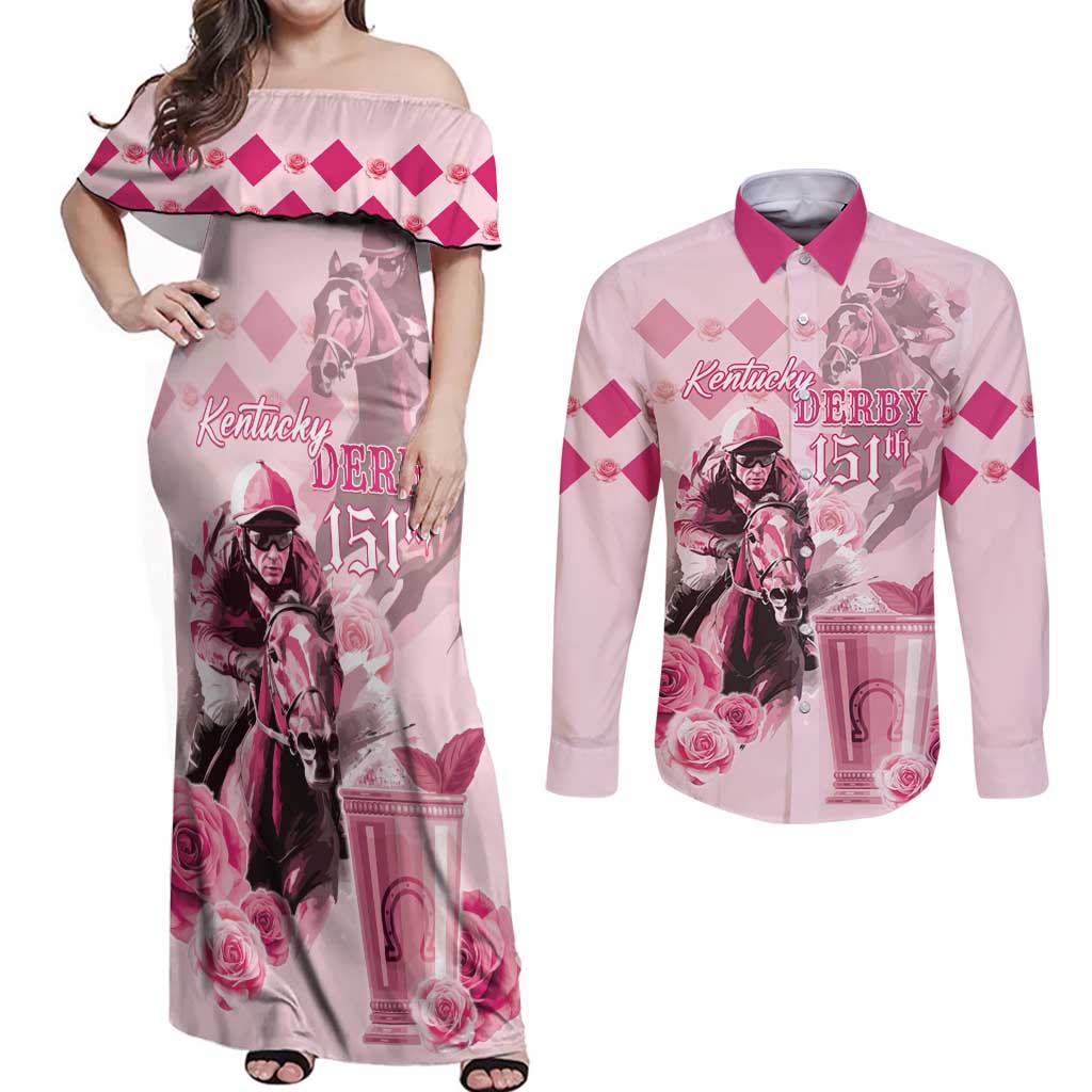 Personalized Kentucky Horse Racing Couples Matching Off Shoulder Maxi Dress and Long Sleeve Button Shirt 151st Anniversary Mint Julep Pink Version LT05