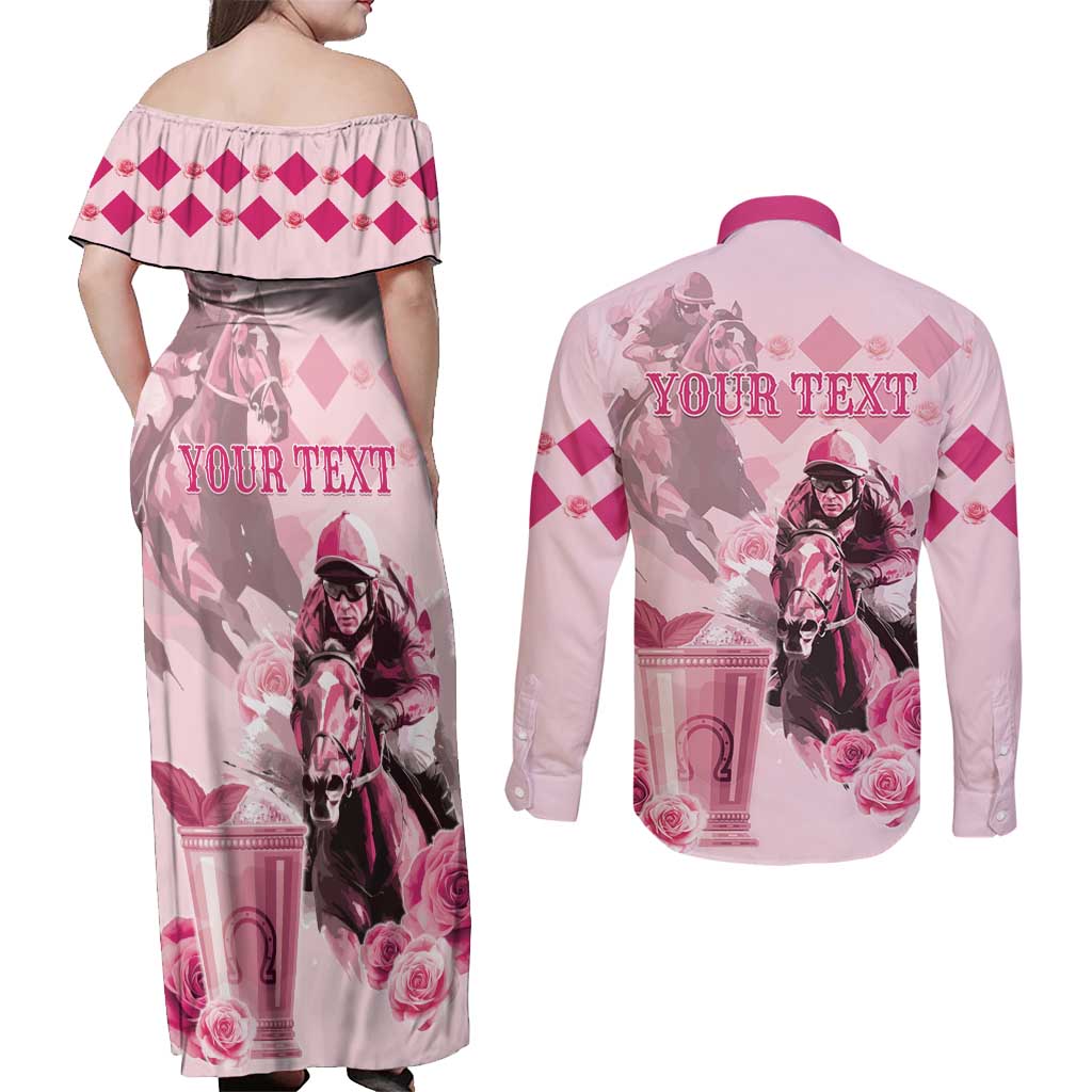 Personalized Kentucky Horse Racing Couples Matching Off Shoulder Maxi Dress and Long Sleeve Button Shirt 151st Anniversary Mint Julep Pink Version LT05
