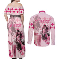 Personalized Kentucky Horse Racing Couples Matching Off Shoulder Maxi Dress and Long Sleeve Button Shirt 151st Anniversary Mint Julep Pink Version LT05