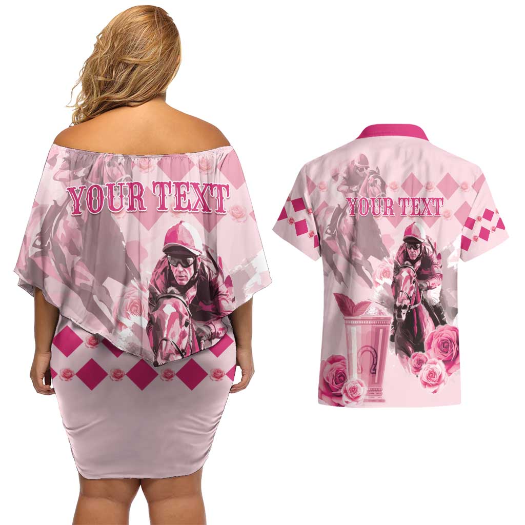 Personalized Kentucky Horse Racing Couples Matching Off Shoulder Short Dress and Hawaiian Shirt 151st Anniversary Mint Julep Pink Version LT05