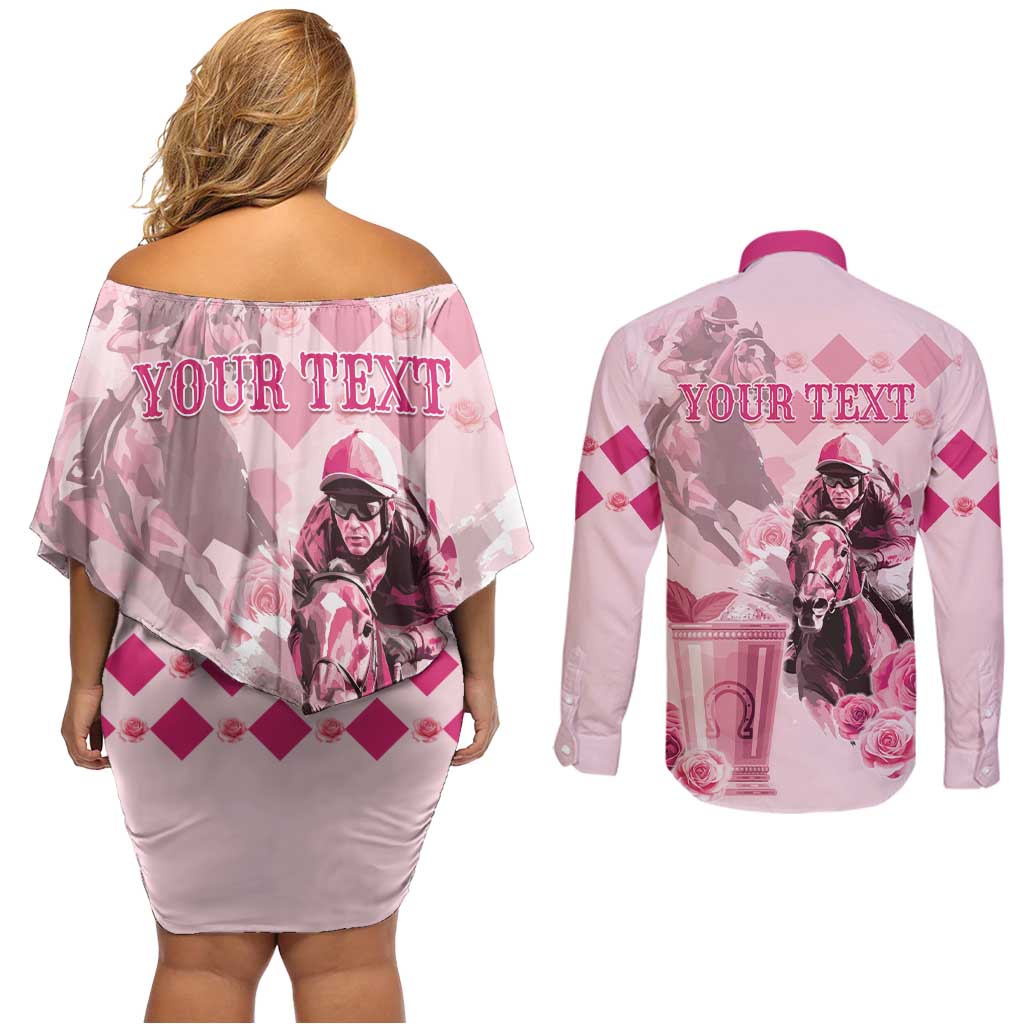 Personalized Kentucky Horse Racing Couples Matching Off Shoulder Short Dress and Long Sleeve Button Shirt 151st Anniversary Mint Julep Pink Version LT05